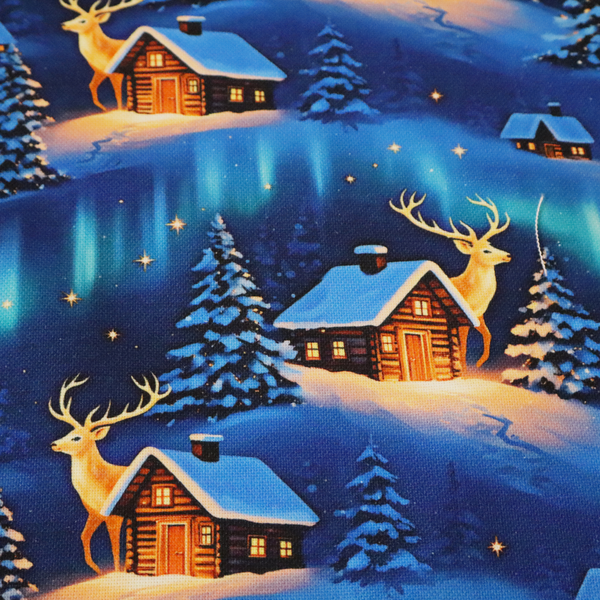 Northern Lights Winter Cabin & Glowing Reindeer Scenic Upholstery Fabric DP-58