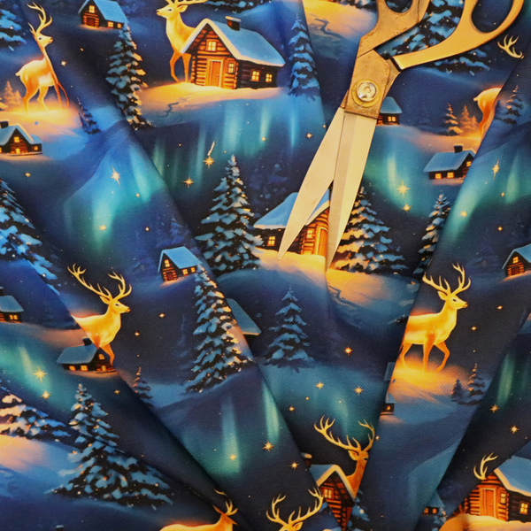 Northern Lights Winter Cabin & Glowing Reindeer Scenic Upholstery Fabric DP-58