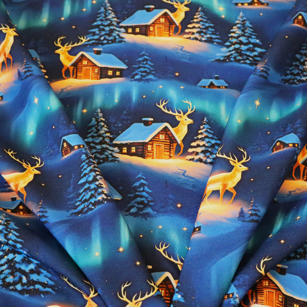 Northern Lights Winter Cabin & Glowing Reindeer Scenic Upholstery Fabric DP-58