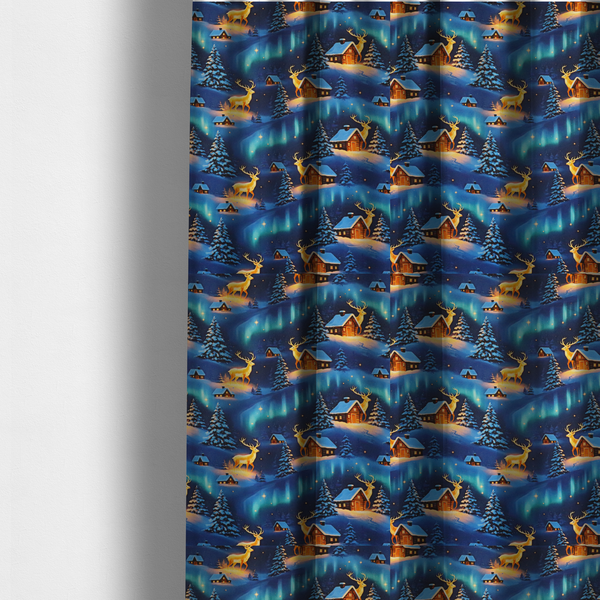 Northern Lights Winter Cabin & Glowing Reindeer Scenic Upholstery Fabric DP-58 - Made To Measure Curtains