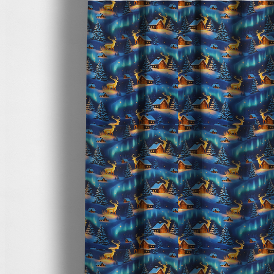 Northern Lights Winter Cabin & Glowing Reindeer Scenic Upholstery Fabric DP-58 - Made To Measure Curtains