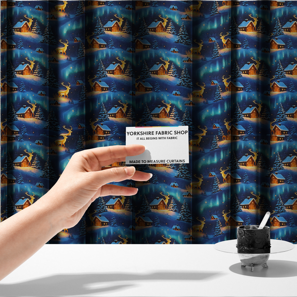 Northern Lights Winter Cabin & Glowing Reindeer Scenic Upholstery Fabric DP-58 - Made To Measure Curtains