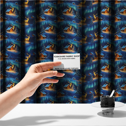 Northern Lights Winter Cabin & Glowing Reindeer Scenic Upholstery Fabric DP-58 - Made To Measure Curtains