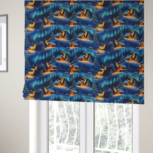 Northern Lights Winter Cabin & Glowing Reindeer Scenic Upholstery Fabric DP-58 - Roman Blinds