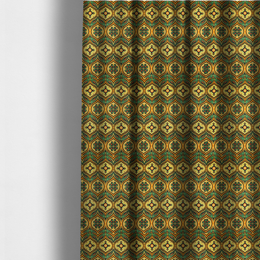 The fabric used to create these made-to-measure curtains is a print featuring a repeating retro ikat ogee pattern. The geometric design displays a lattice of mustard yellow onion arches, green leaf shapes, and four-leaf clover medallions outlined in fuzzy black brushstrokes with pops of coral orange.