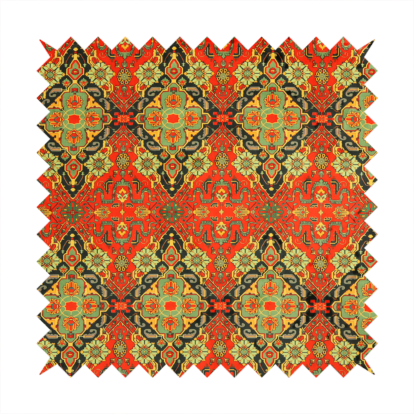 Fabric print featuring an intricate, repeating Persian rug or Moroccan mosaic design. The pattern displays large geometric medallions and scrolling damask shapes in vibrant red, jade green, and warm gold.
