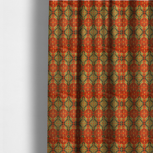 The fabric used to create these made-to-measure curtains is a print featuring an intricate, repeating Persian rug or Moroccan mosaic design. The pattern displays large geometric medallions and scrolling damask shapes in vibrant red, jade green, and warm gold.
