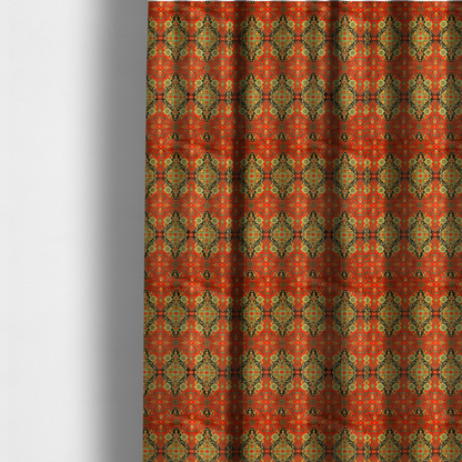 The fabric used to create these made-to-measure curtains is a print featuring an intricate, repeating Persian rug or Moroccan mosaic design. The pattern displays large geometric medallions and scrolling damask shapes in vibrant red, jade green, and warm gold.