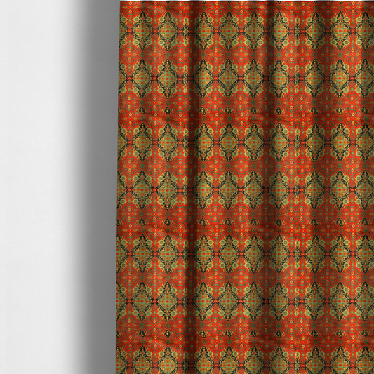 The fabric used to create these made-to-measure curtains is a print featuring an intricate, repeating Persian rug or Moroccan mosaic design. The pattern displays large geometric medallions and scrolling damask shapes in vibrant red, jade green, and warm gold.