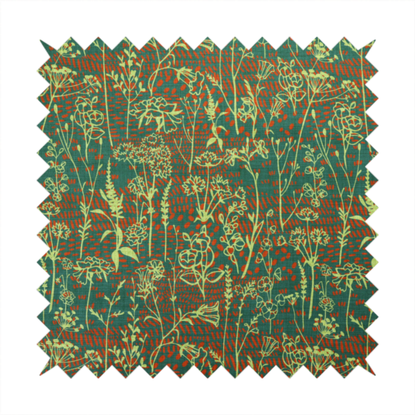 Fabric print featuring a whimsical wildflower meadow pattern. The design showcases delicate lime-green line art sketches of slender stems and blossoms over a deep teal-green background layered with small, textured terracotta orange dashes.