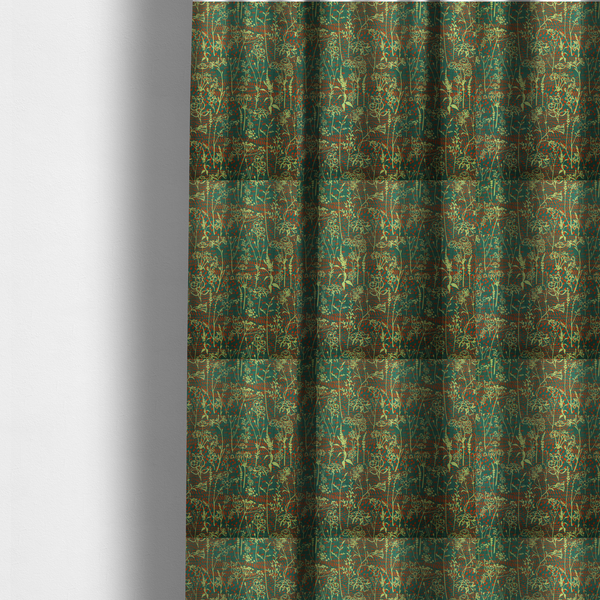 The fabric used to create these made-to-measure curtains is a print featuring a whimsical wildflower meadow pattern. The design showcases delicate lime-green line art sketches of slender stems and blossoms over a deep teal-green background layered with small, textured terracotta orange dashes.
