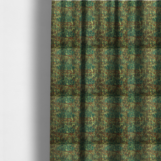The fabric used to create these made-to-measure curtains is a print featuring a whimsical wildflower meadow pattern. The design showcases delicate lime-green line art sketches of slender stems and blossoms over a deep teal-green background layered with small, textured terracotta orange dashes.