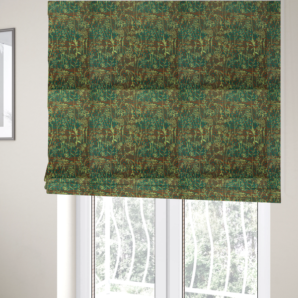 The fabric used to create these Roman blinds is a print featuring a whimsical wildflower meadow pattern. The design showcases delicate lime-green line art sketches of slender stems and blossoms over a deep teal-green background layered with small, textured terracotta orange dashes.