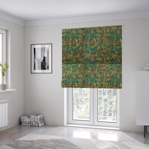 The fabric used to create these Roman blinds is a print featuring a whimsical wildflower meadow pattern. The design showcases delicate lime-green line art sketches of slender stems and blossoms over a deep teal-green background layered with small, textured terracotta orange dashes.