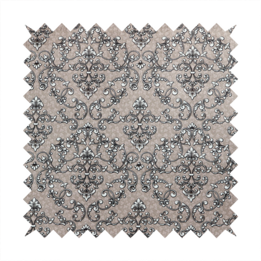 Fabric featuring a repeating traditional damask pattern in white and dark grey outlines over a textured, light taupe background.
