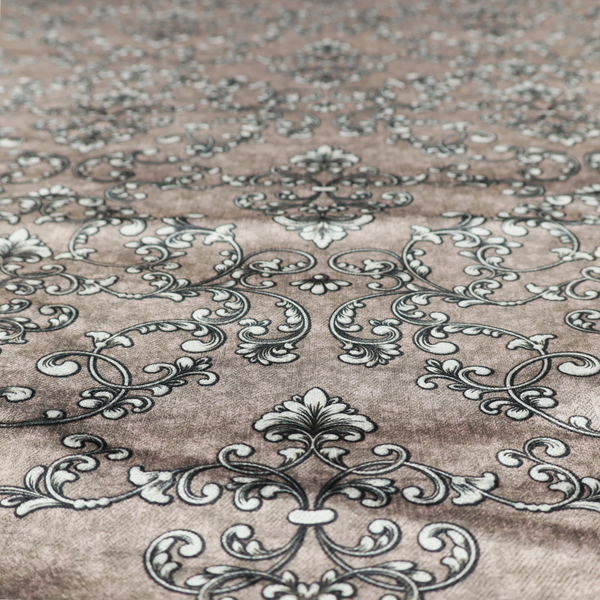 Fabric featuring a repeating traditional damask pattern in white and dark grey outlines over a textured, light taupe background.