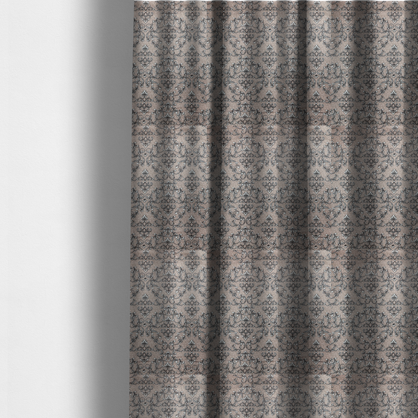The fabric used to create these made-to-measure curtains is featuring a repeating traditional damask pattern in white and dark grey outlines over a textured, light taupe background.