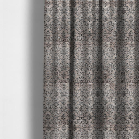 The fabric used to create these made-to-measure curtains is featuring a repeating traditional damask pattern in white and dark grey outlines over a textured, light taupe background.
