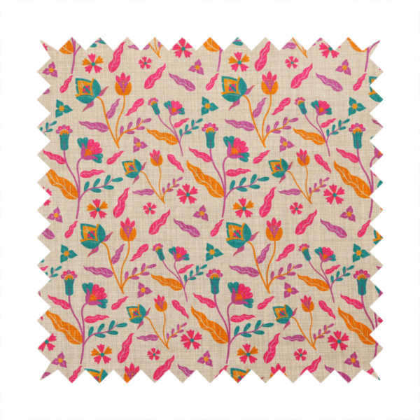 Fabric featuring a vibrant, repeating floral pattern with pink, orange, and teal blossoms and leaves on a neutral, linen-textured beige background.