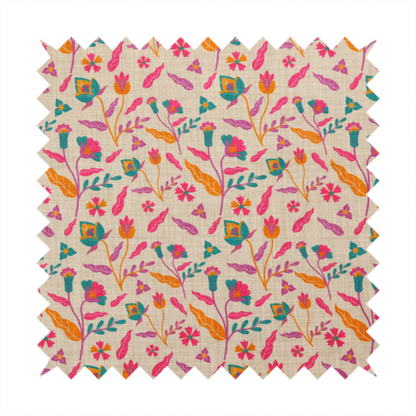 Fabric featuring a vibrant, repeating floral pattern with pink, orange, and teal blossoms and leaves on a neutral, linen-textured beige background.