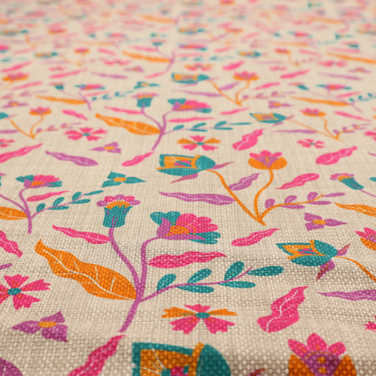 Fabric featuring a vibrant, repeating floral pattern with pink, orange, and teal blossoms and leaves on a neutral, linen-textured beige background.