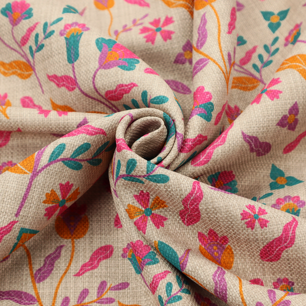 Fabric featuring a vibrant, repeating floral pattern with pink, orange, and teal blossoms and leaves on a neutral, linen-textured beige background.