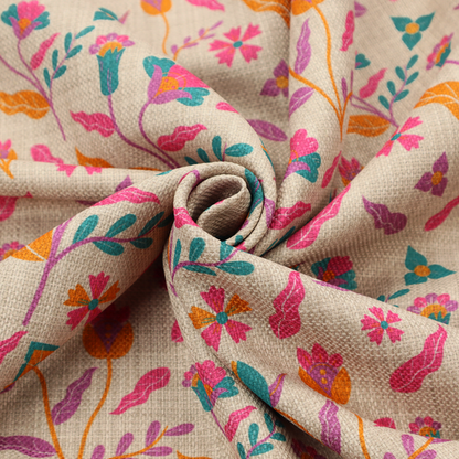 Fabric featuring a vibrant, repeating floral pattern with pink, orange, and teal blossoms and leaves on a neutral, linen-textured beige background.