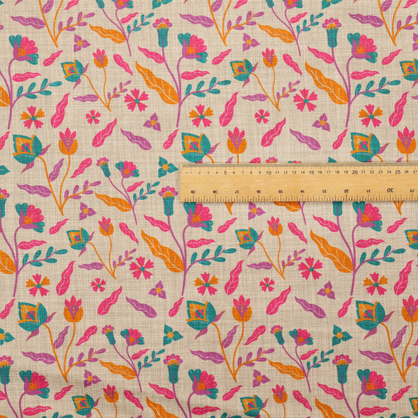 Fabric featuring a vibrant, repeating floral pattern with pink, orange, and teal blossoms and leaves on a neutral, linen-textured beige background.