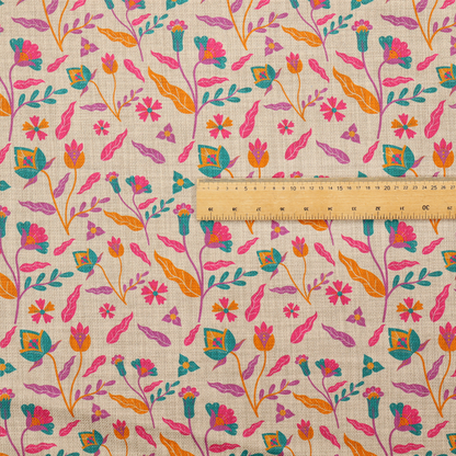 Fabric featuring a vibrant, repeating floral pattern with pink, orange, and teal blossoms and leaves on a neutral, linen-textured beige background.