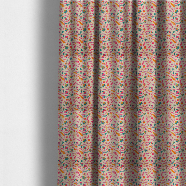 The fabric used to create these made-to-measure curtains is a featuring a vibrant, repeating floral pattern with pink, orange, and teal blossoms and leaves on a neutral, linen-textured beige background.