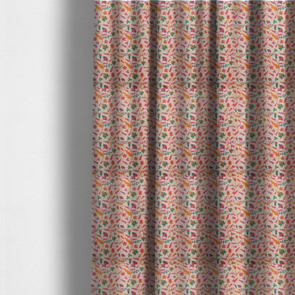 The fabric used to create these made-to-measure curtains is a featuring a vibrant, repeating floral pattern with pink, orange, and teal blossoms and leaves on a neutral, linen-textured beige background.
