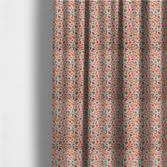 The fabric used to create these made-to-measure curtains is a featuring a vibrant, repeating floral pattern with pink, orange, and teal blossoms and leaves on a neutral, linen-textured beige background.