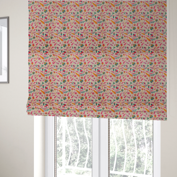 The fabric used to create these Roman blinds is featuring a vibrant, repeating floral pattern with pink, orange, and teal blossoms and leaves on a neutral, linen-textured beige background.