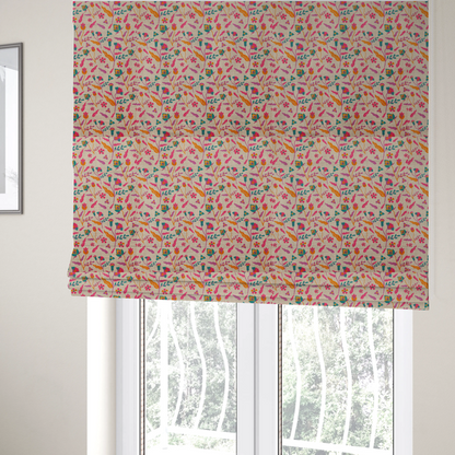 The fabric used to create these Roman blinds is featuring a vibrant, repeating floral pattern with pink, orange, and teal blossoms and leaves on a neutral, linen-textured beige background.