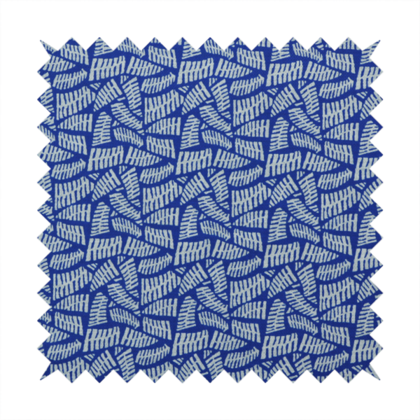 Fabric featuring a vibrant, repeating geometric pattern of light grey, abstract leaf or comb-like blocks closely packed on a royal blue background.