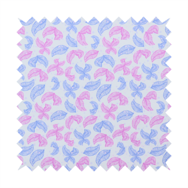 Fabric featuring a repeating pattern of sketched, line-art leaves and butterflies in pastel pink and light blue on a pale grey background.