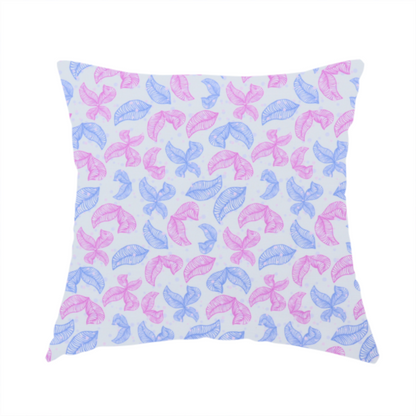 The fabric used to create this handmade cushion is featuring a repeating pattern of sketched, line-art leaves and butterflies in pastel pink and light blue on a pale grey background.