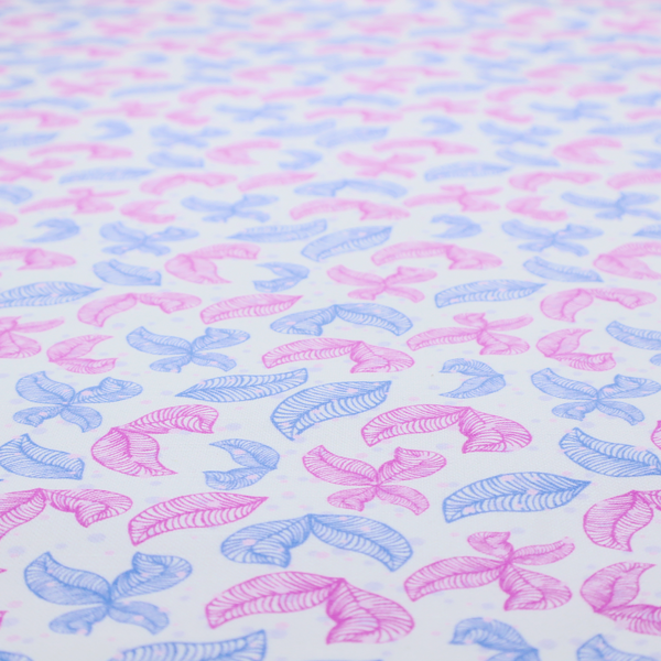 Fabric featuring a repeating pattern of sketched, line-art leaves and butterflies in pastel pink and light blue on a pale grey background.