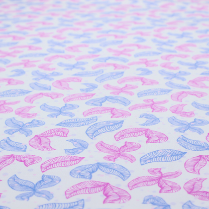 Fabric featuring a repeating pattern of sketched, line-art leaves and butterflies in pastel pink and light blue on a pale grey background.