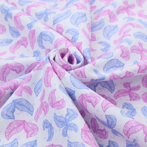 Fabric featuring a repeating pattern of sketched, line-art leaves and butterflies in pastel pink and light blue on a pale grey background.
