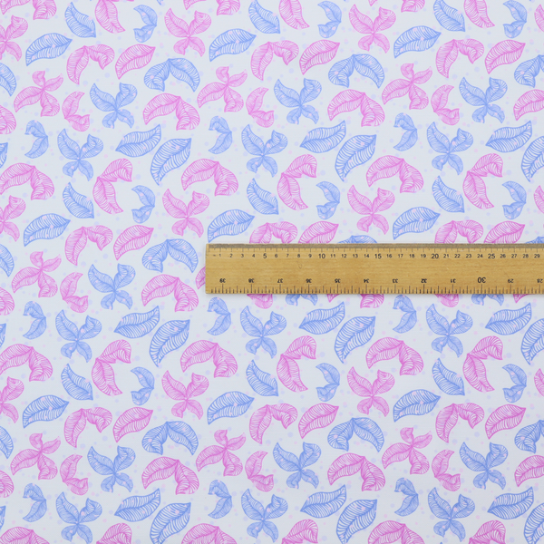 Fabric featuring a repeating pattern of sketched, line-art leaves and butterflies in pastel pink and light blue on a pale grey background.