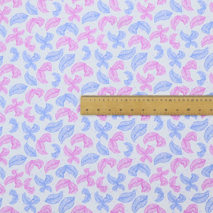 Fabric featuring a repeating pattern of sketched, line-art leaves and butterflies in pastel pink and light blue on a pale grey background.