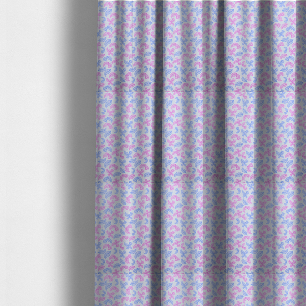The fabric used to create these made-to-measure curtains is featuring a repeating pattern of sketched, line-art leaves and butterflies in pastel pink and light blue on a pale grey background.