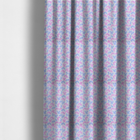 The fabric used to create these made-to-measure curtains is featuring a repeating pattern of sketched, line-art leaves and butterflies in pastel pink and light blue on a pale grey background.