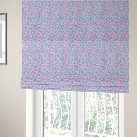 The fabric used to create these Roman blinds is featuring a repeating pattern of sketched, line-art leaves and butterflies in pastel pink and light blue on a pale grey background.