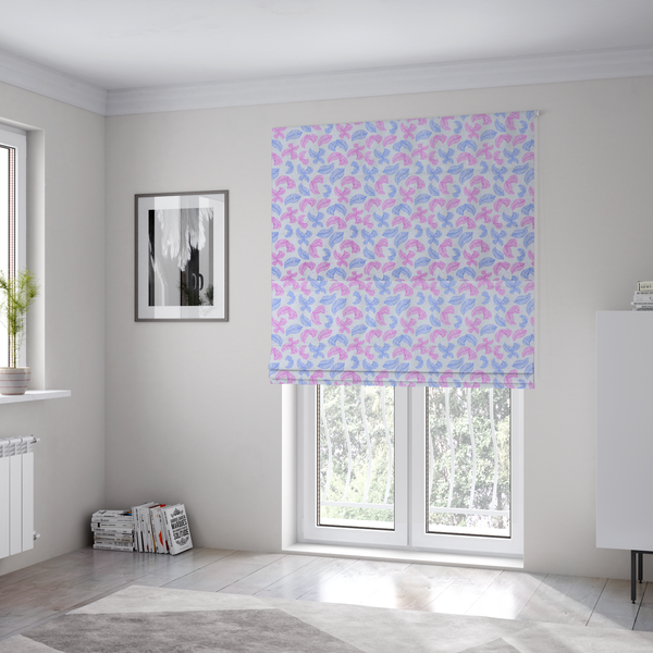 The fabric used to create these Roman blinds is featuring a repeating pattern of sketched, line-art leaves and butterflies in pastel pink and light blue on a pale grey background.