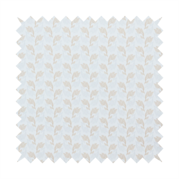 Fabric featuring a subtle, repeating pattern of delicate, stylized floral vine stems in muted beige and light grey tones on a soft white background.