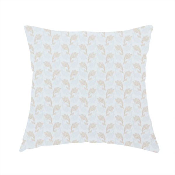 The fabric used to create this handmade cushion is featuring a subtle, repeating pattern of delicate, stylized floral vine stems in muted beige and light grey tones on a soft white background.