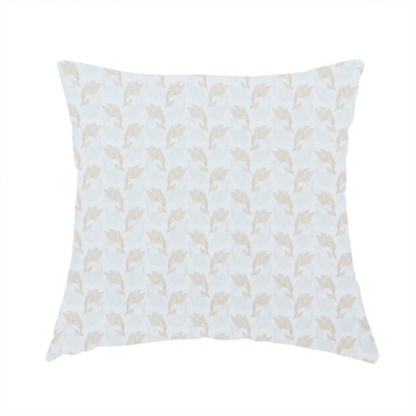 The fabric used to create this handmade cushion is featuring a subtle, repeating pattern of delicate, stylized floral vine stems in muted beige and light grey tones on a soft white background.