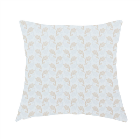 The fabric used to create this handmade cushion is featuring a subtle, repeating pattern of delicate, stylized floral vine stems in muted beige and light grey tones on a soft white background.